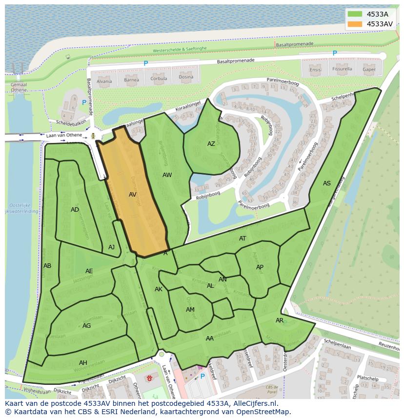 Afbeelding van het postcodegebied 4533 AV op de kaart.