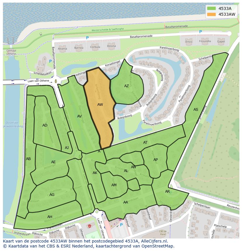 Afbeelding van het postcodegebied 4533 AW op de kaart.
