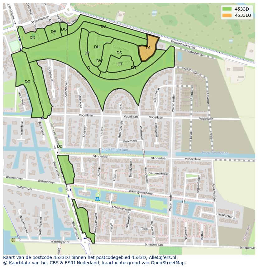 Afbeelding van het postcodegebied 4533 DJ op de kaart.