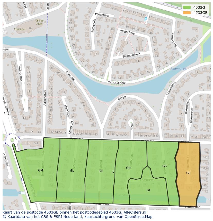Afbeelding van het postcodegebied 4533 GE op de kaart.