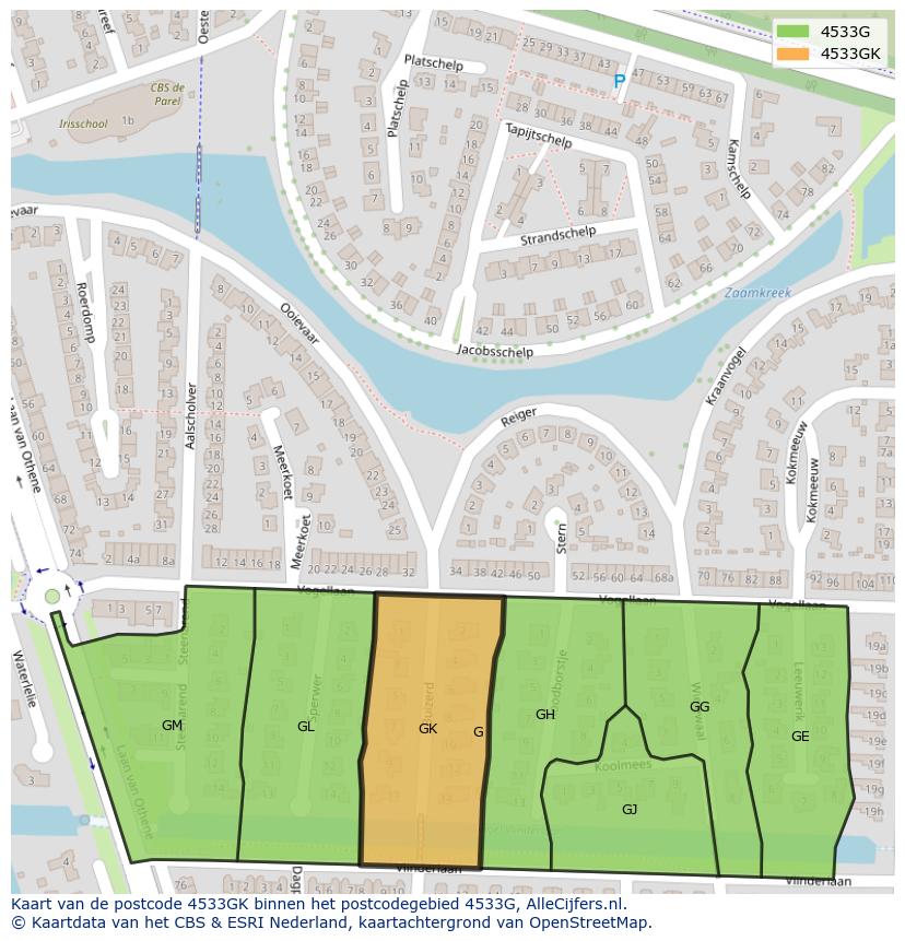 Afbeelding van het postcodegebied 4533 GK op de kaart.