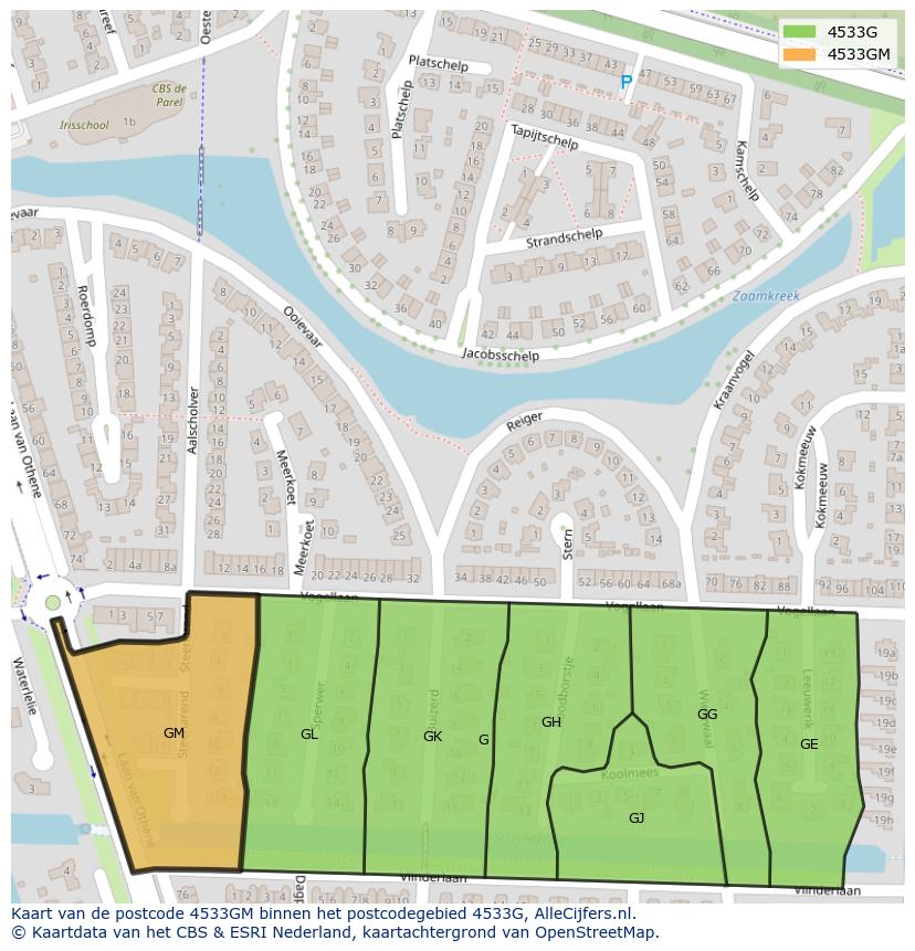 Afbeelding van het postcodegebied 4533 GM op de kaart.