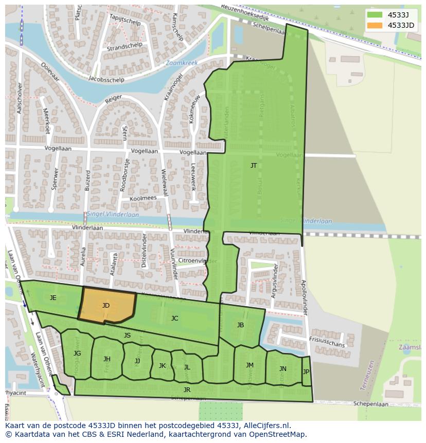 Afbeelding van het postcodegebied 4533 JD op de kaart.