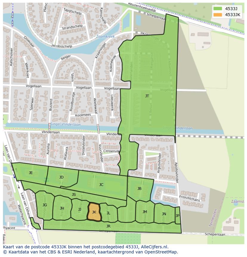Afbeelding van het postcodegebied 4533 JK op de kaart.