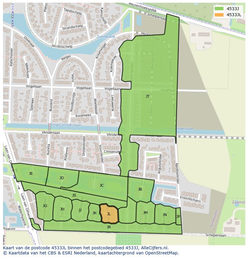 Afbeelding van het postcodegebied 4533 JL op de kaart.