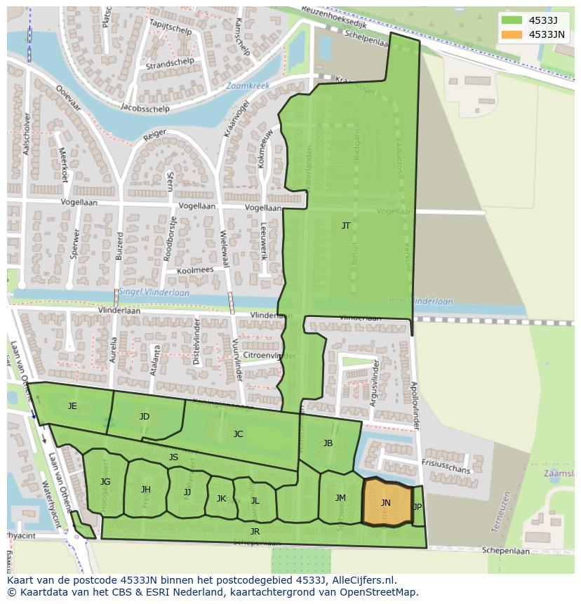 Afbeelding van het postcodegebied 4533 JN op de kaart.