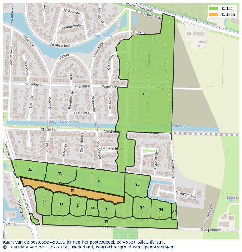 Afbeelding van het postcodegebied 4533 JS op de kaart.