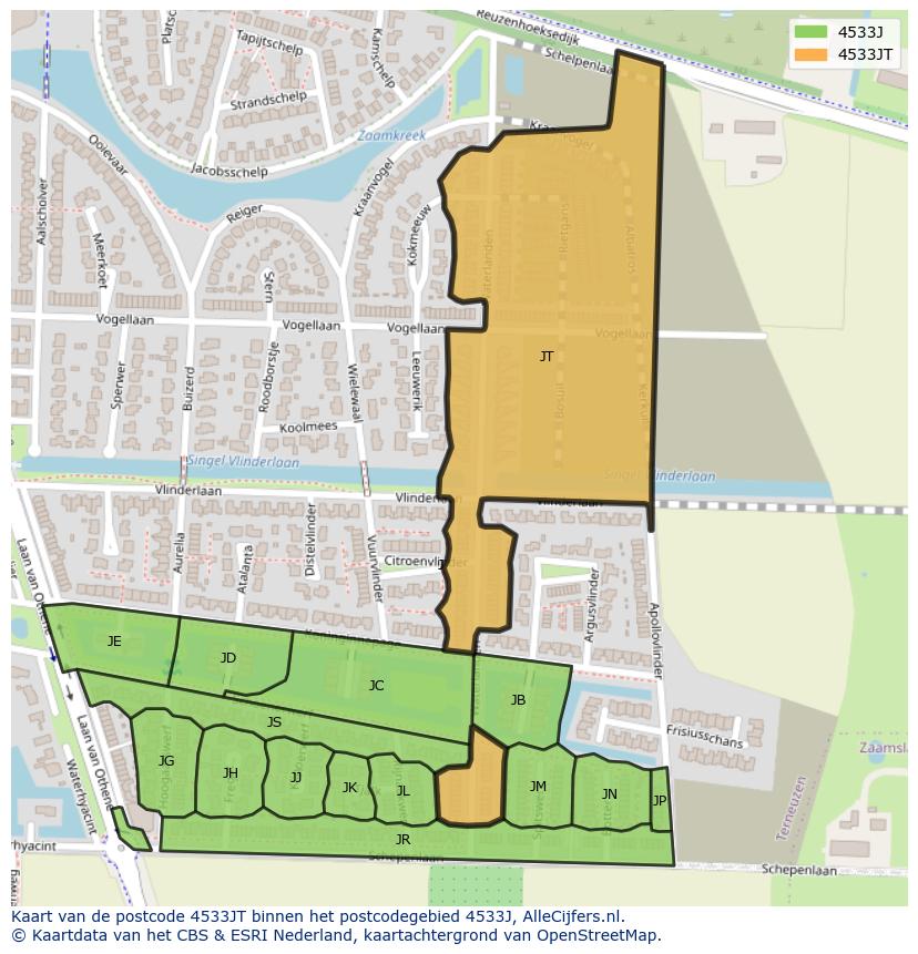 Afbeelding van het postcodegebied 4533 JT op de kaart.