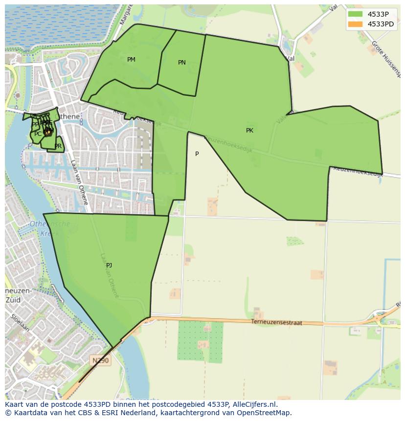Afbeelding van het postcodegebied 4533 PD op de kaart.