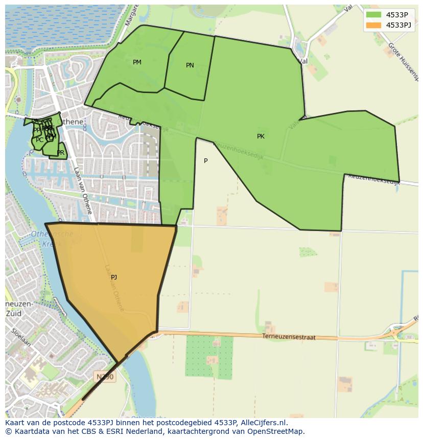 Afbeelding van het postcodegebied 4533 PJ op de kaart.
