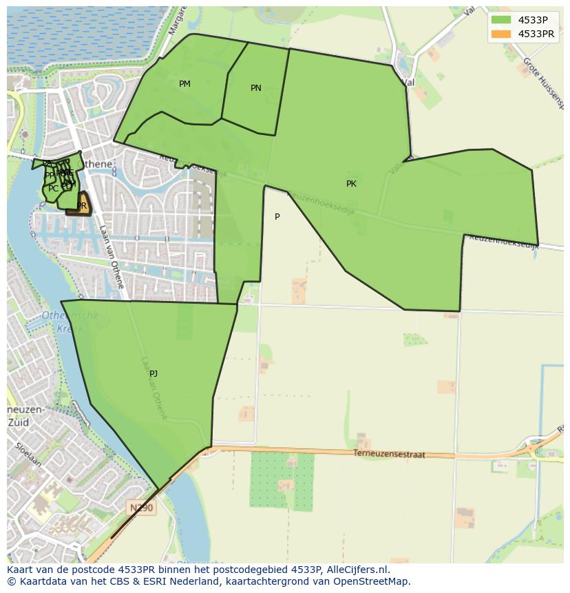 Afbeelding van het postcodegebied 4533 PR op de kaart.