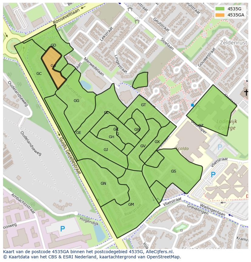 Afbeelding van het postcodegebied 4535 GA op de kaart.