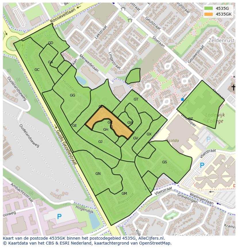 Afbeelding van het postcodegebied 4535 GK op de kaart.