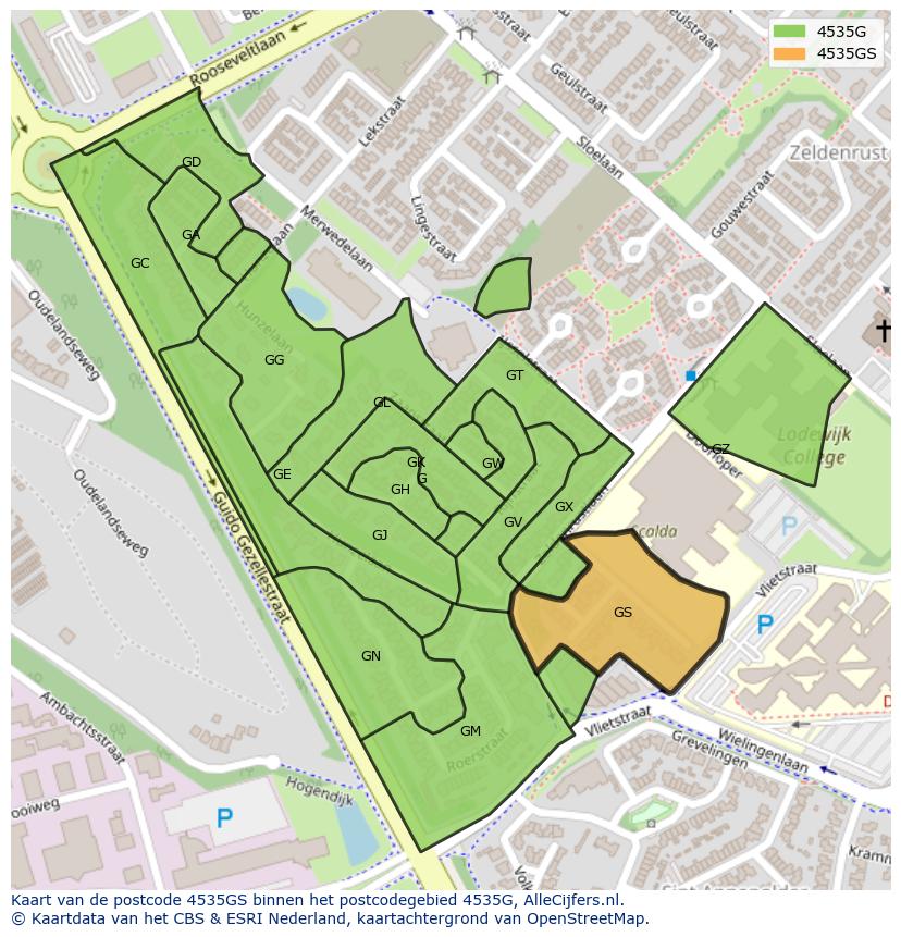 Afbeelding van het postcodegebied 4535 GS op de kaart.