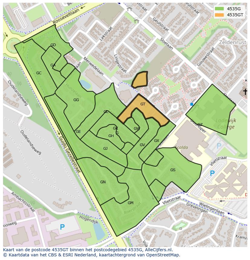 Afbeelding van het postcodegebied 4535 GT op de kaart.