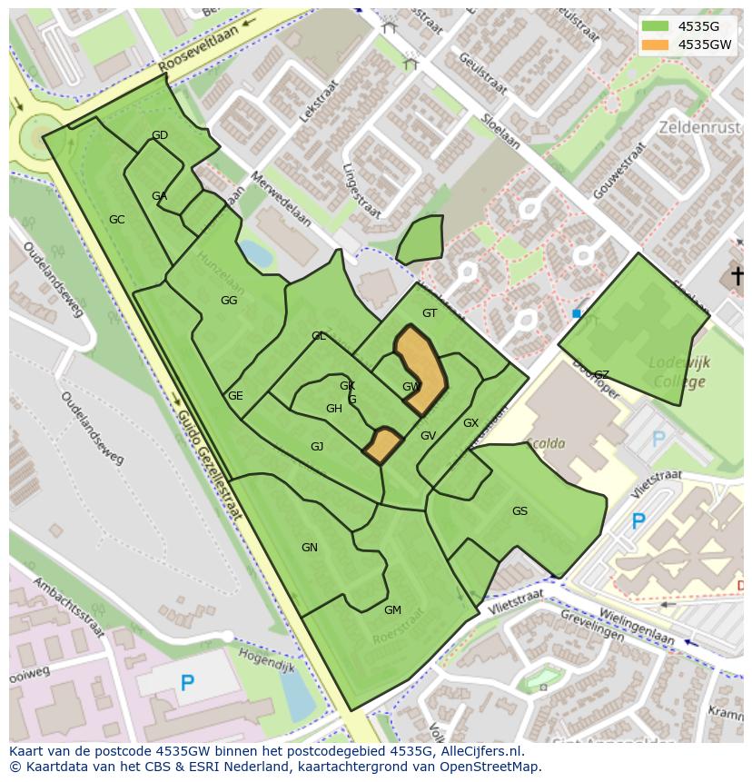 Afbeelding van het postcodegebied 4535 GW op de kaart.