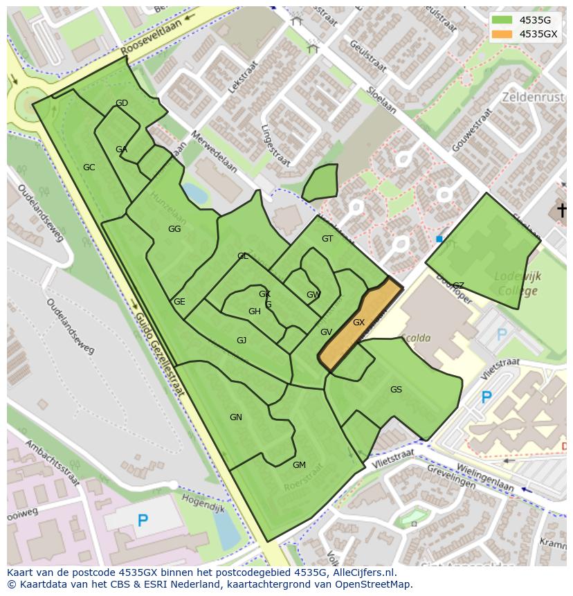 Afbeelding van het postcodegebied 4535 GX op de kaart.