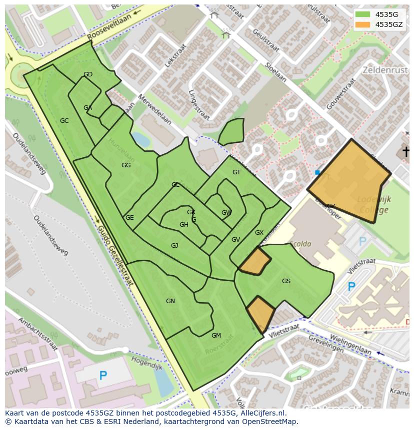Afbeelding van het postcodegebied 4535 GZ op de kaart.