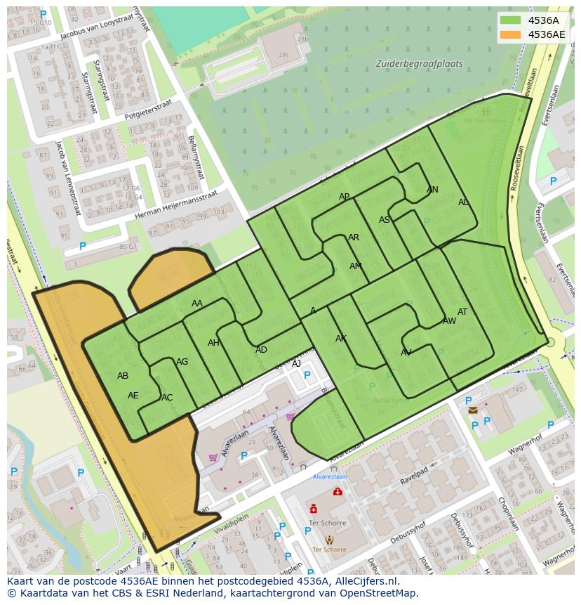 Afbeelding van het postcodegebied 4536 AE op de kaart.