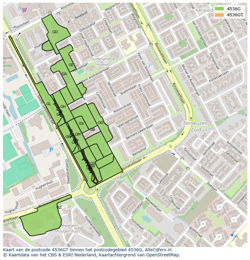 Afbeelding van het postcodegebied 4536 GT op de kaart.