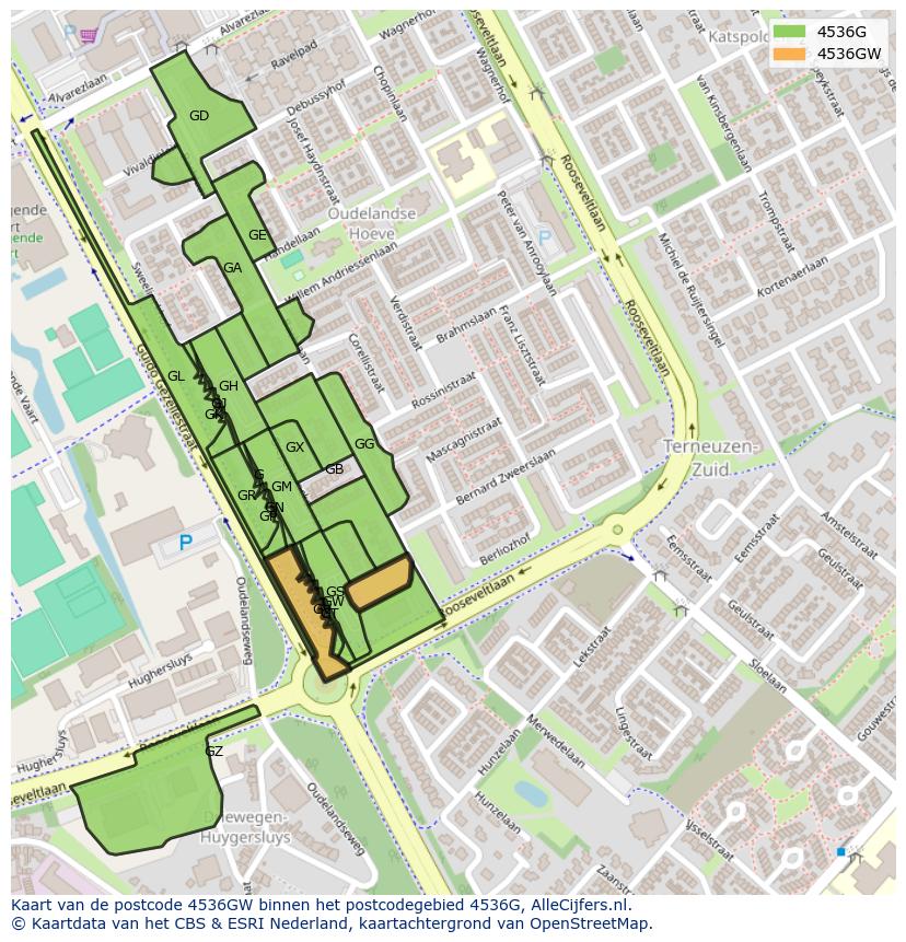 Afbeelding van het postcodegebied 4536 GW op de kaart.