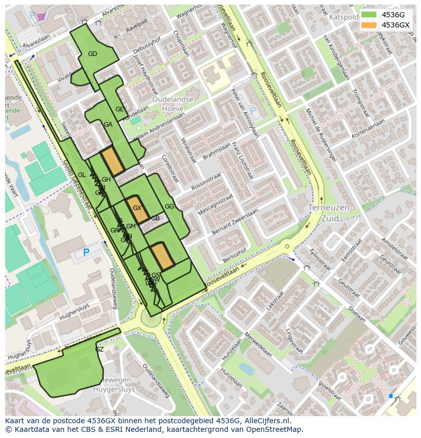 Afbeelding van het postcodegebied 4536 GX op de kaart.