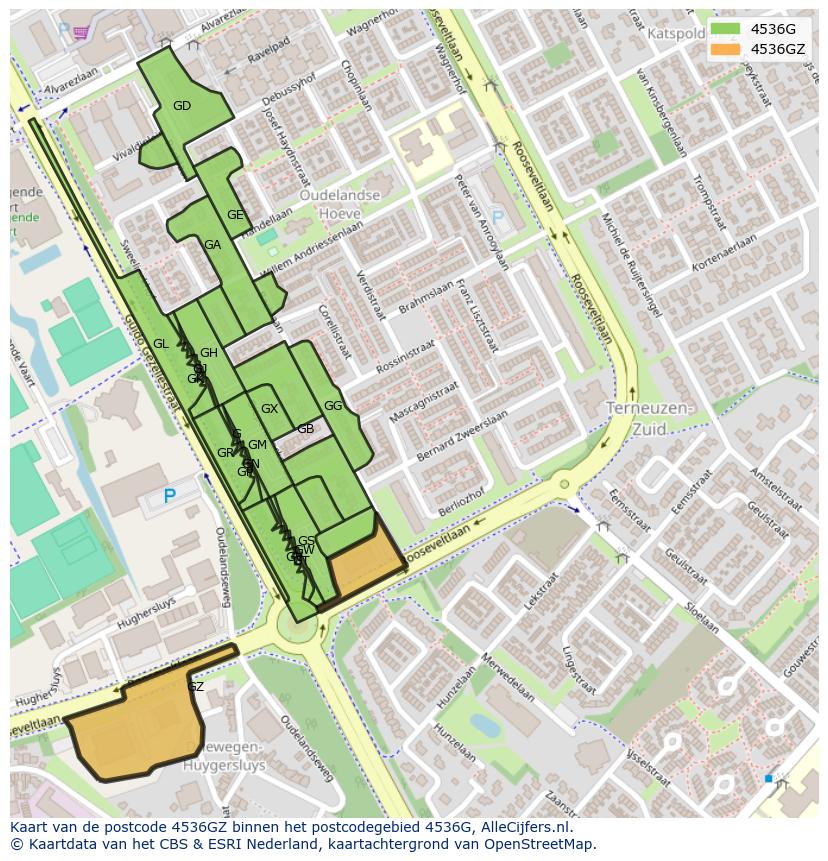 Afbeelding van het postcodegebied 4536 GZ op de kaart.