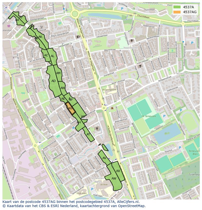 Afbeelding van het postcodegebied 4537 AG op de kaart.