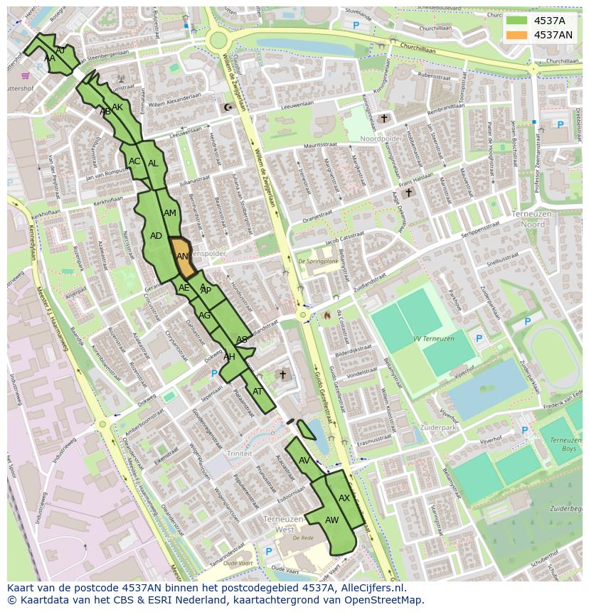 Afbeelding van het postcodegebied 4537 AN op de kaart.