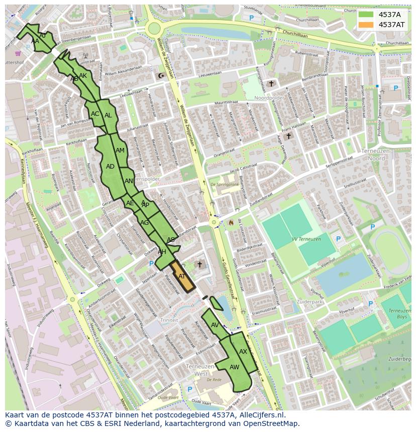 Afbeelding van het postcodegebied 4537 AT op de kaart.