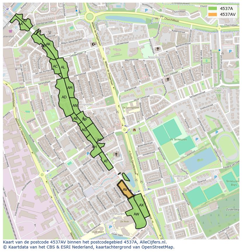 Afbeelding van het postcodegebied 4537 AV op de kaart.