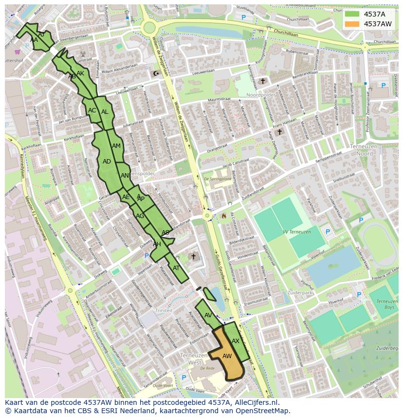 Afbeelding van het postcodegebied 4537 AW op de kaart.