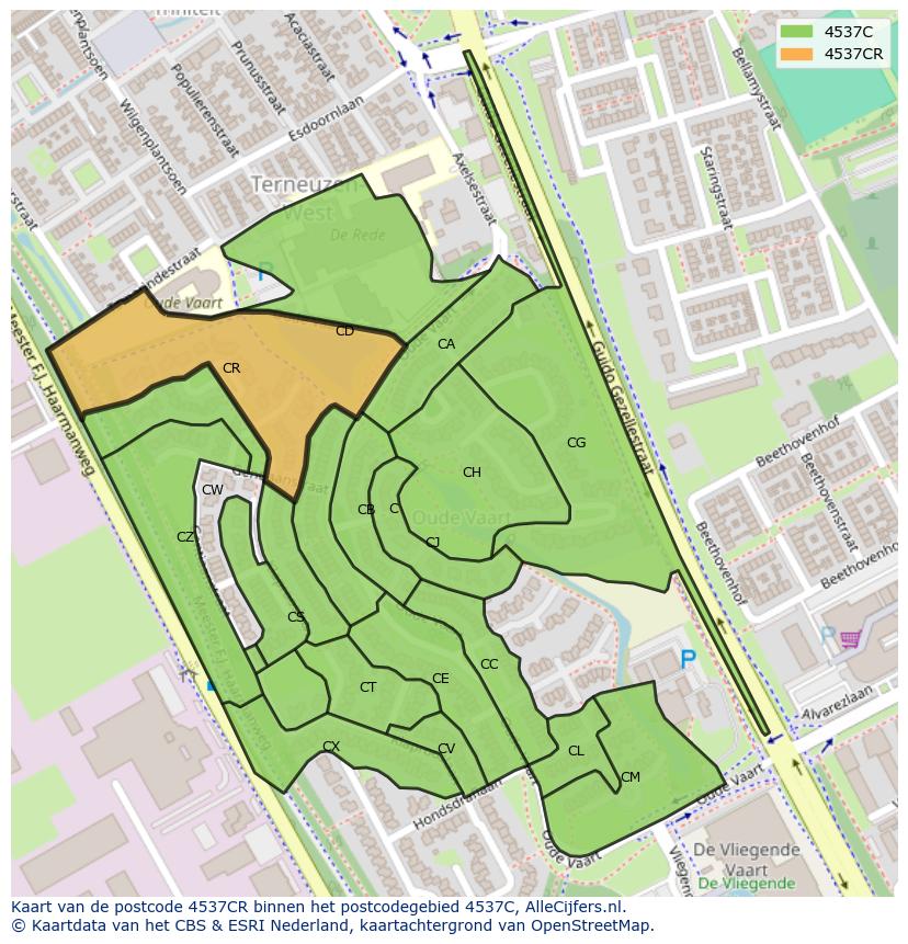 Afbeelding van het postcodegebied 4537 CR op de kaart.