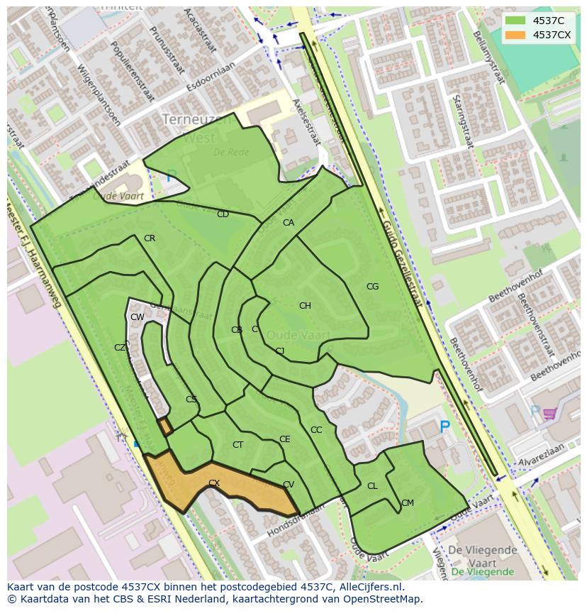 Afbeelding van het postcodegebied 4537 CX op de kaart.