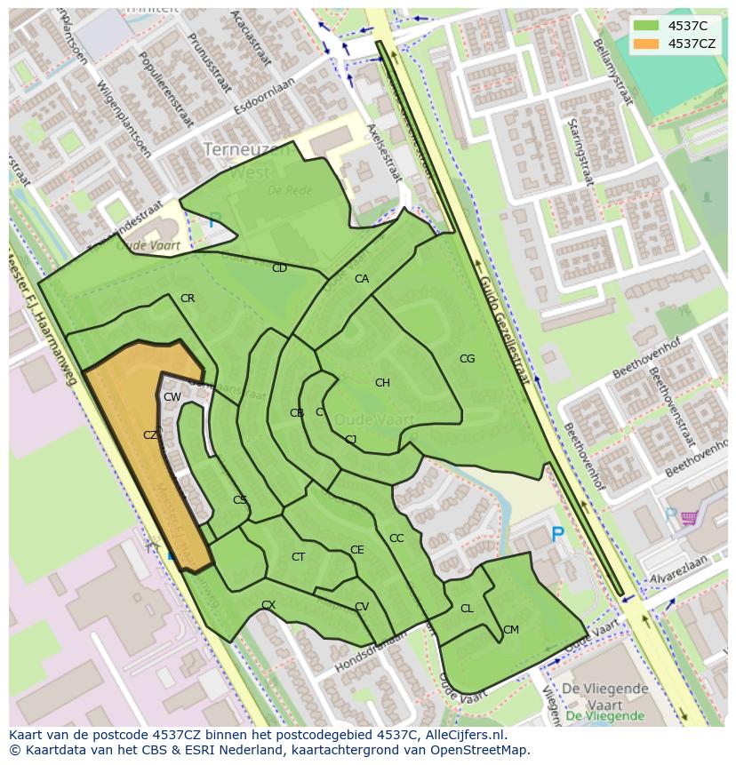 Afbeelding van het postcodegebied 4537 CZ op de kaart.
