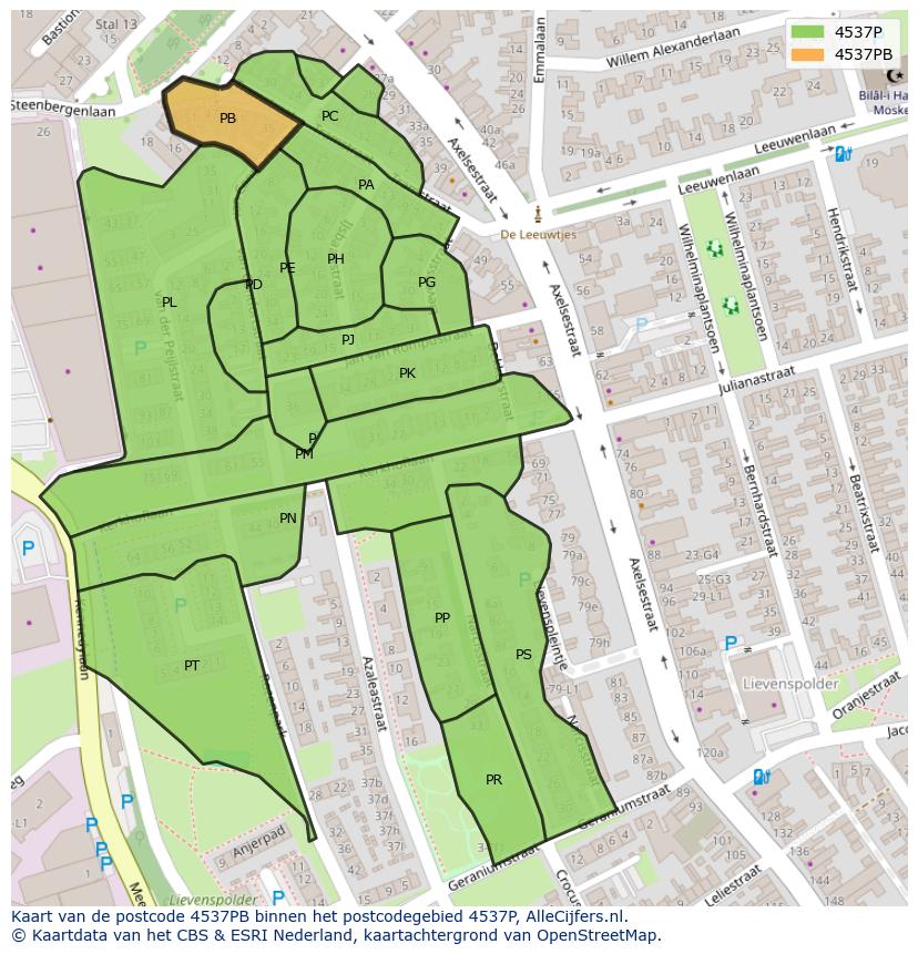 Afbeelding van het postcodegebied 4537 PB op de kaart.