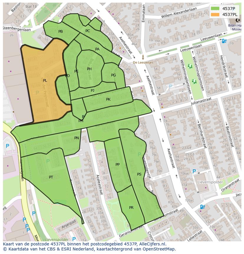 Afbeelding van het postcodegebied 4537 PL op de kaart.