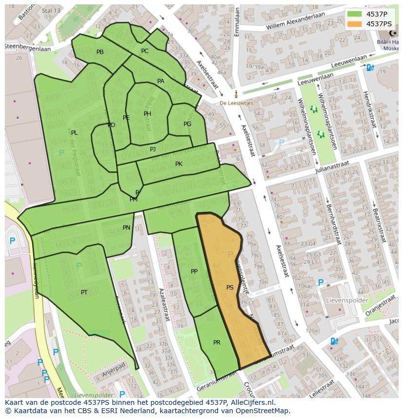 Afbeelding van het postcodegebied 4537 PS op de kaart.