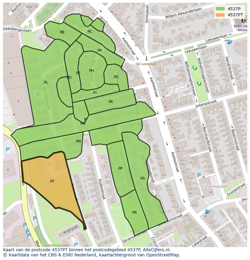Afbeelding van het postcodegebied 4537 PT op de kaart.