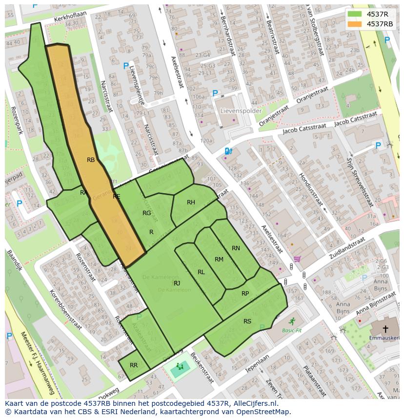 Afbeelding van het postcodegebied 4537 RB op de kaart.