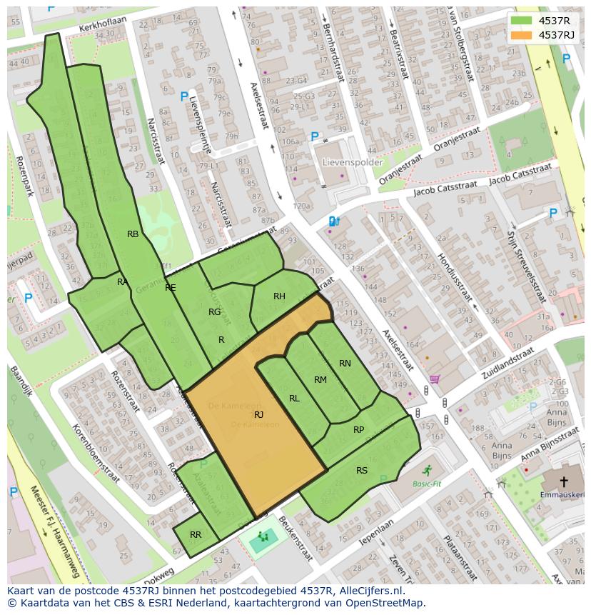 Afbeelding van het postcodegebied 4537 RJ op de kaart.