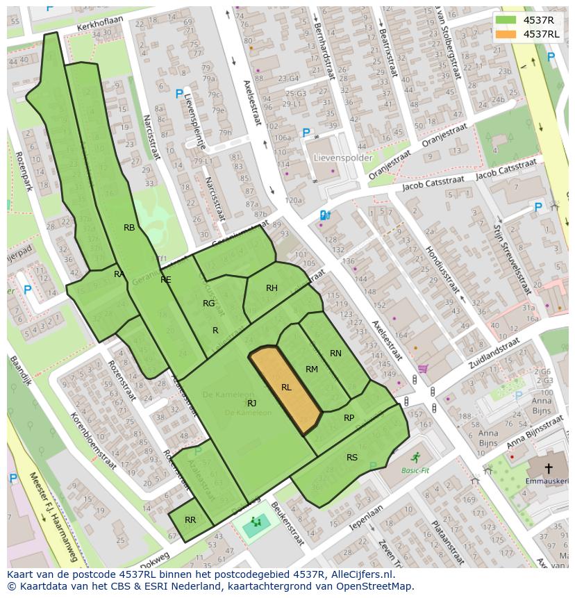 Afbeelding van het postcodegebied 4537 RL op de kaart.