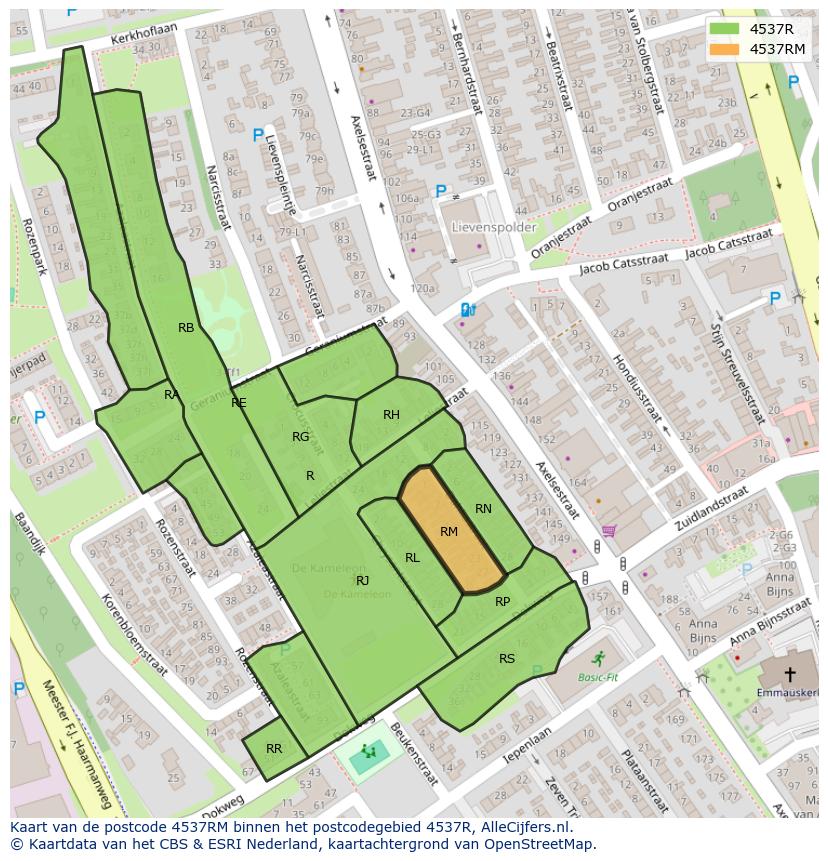 Afbeelding van het postcodegebied 4537 RM op de kaart.