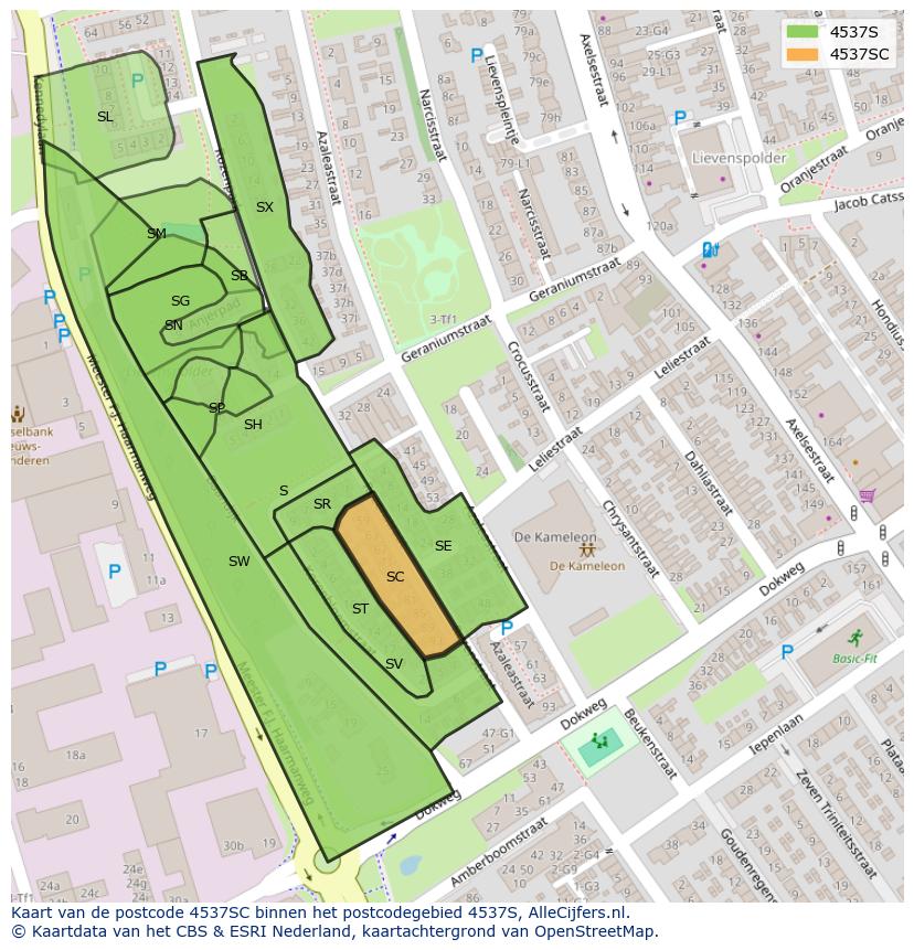 Afbeelding van het postcodegebied 4537 SC op de kaart.