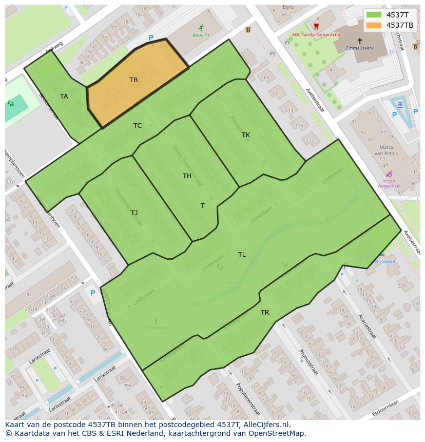 Afbeelding van het postcodegebied 4537 TB op de kaart.
