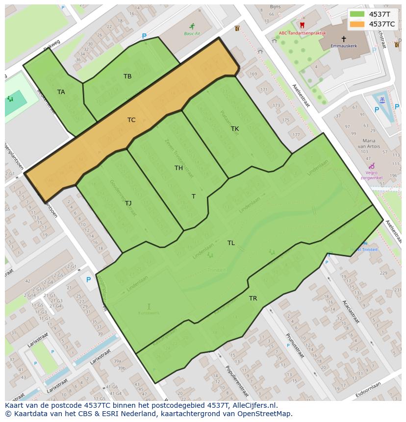 Afbeelding van het postcodegebied 4537 TC op de kaart.