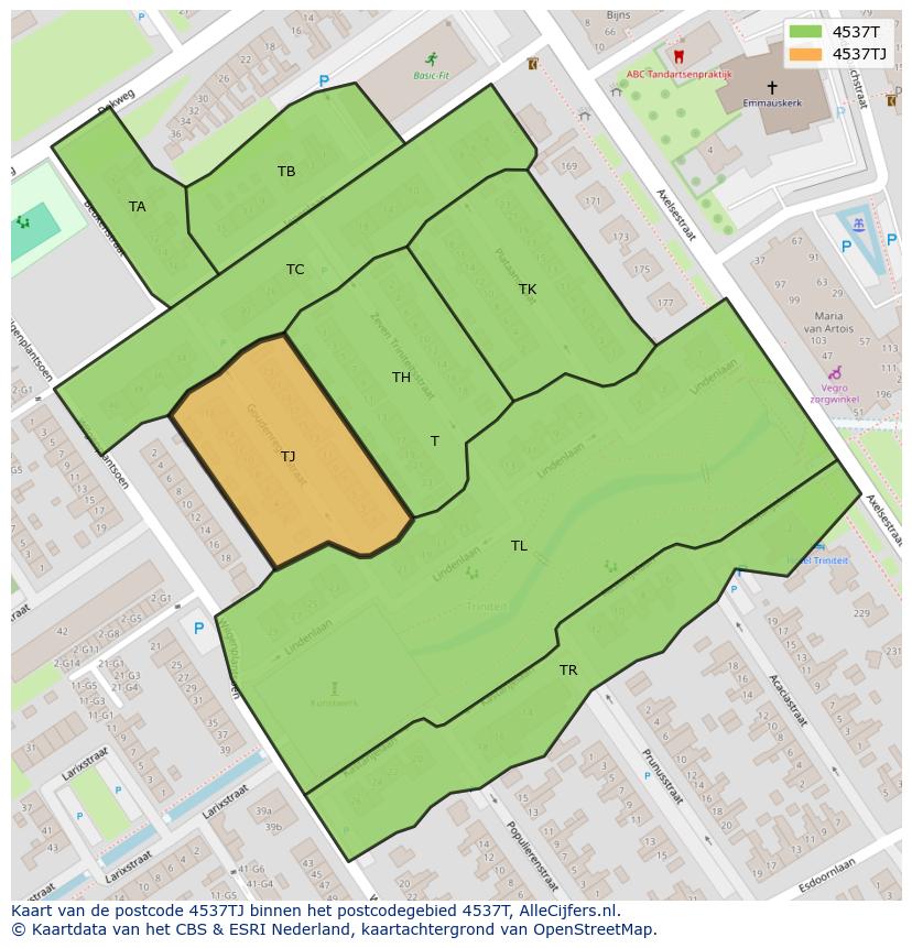 Afbeelding van het postcodegebied 4537 TJ op de kaart.