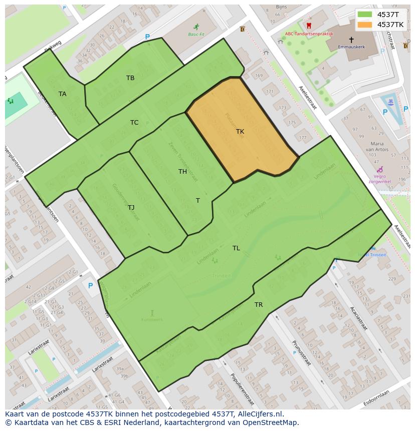 Afbeelding van het postcodegebied 4537 TK op de kaart.