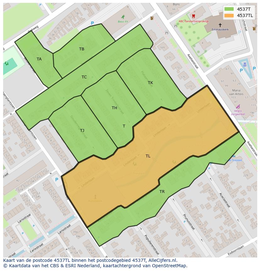 Afbeelding van het postcodegebied 4537 TL op de kaart.