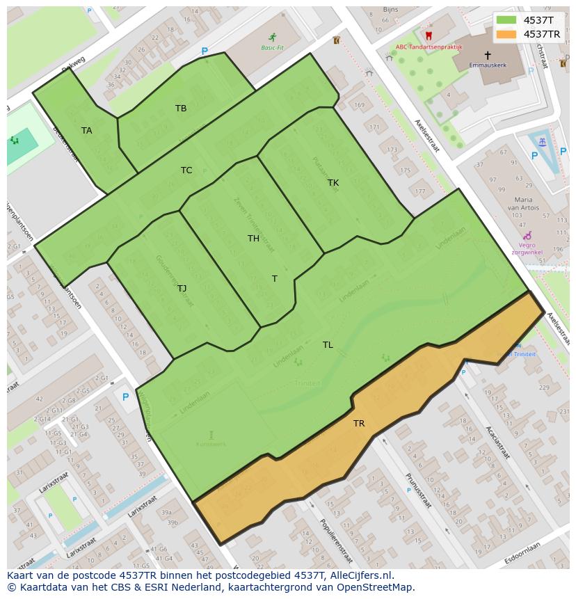 Afbeelding van het postcodegebied 4537 TR op de kaart.